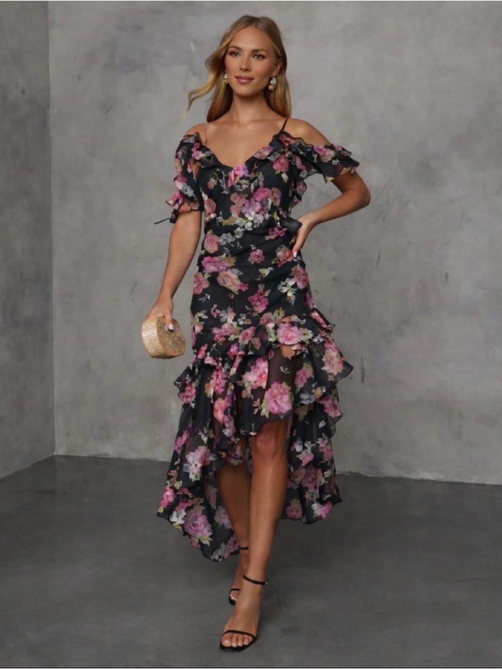 VICI Black Floral Cold-Shoulder High-Low Dress with Pink Blooms NWT